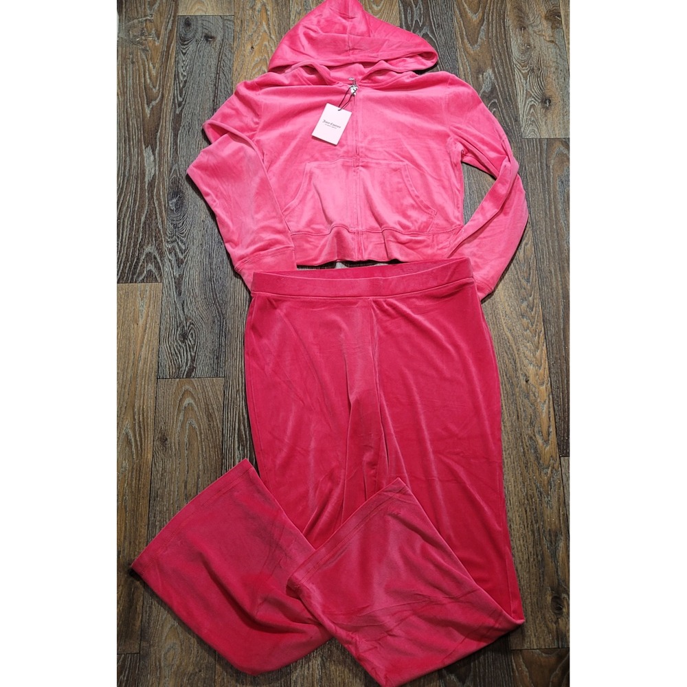 Juicy Couture Pink Party Velour Tracksuit Set Hoodie Pants Rhinestone Logo L NEW - Picture 2 of 5